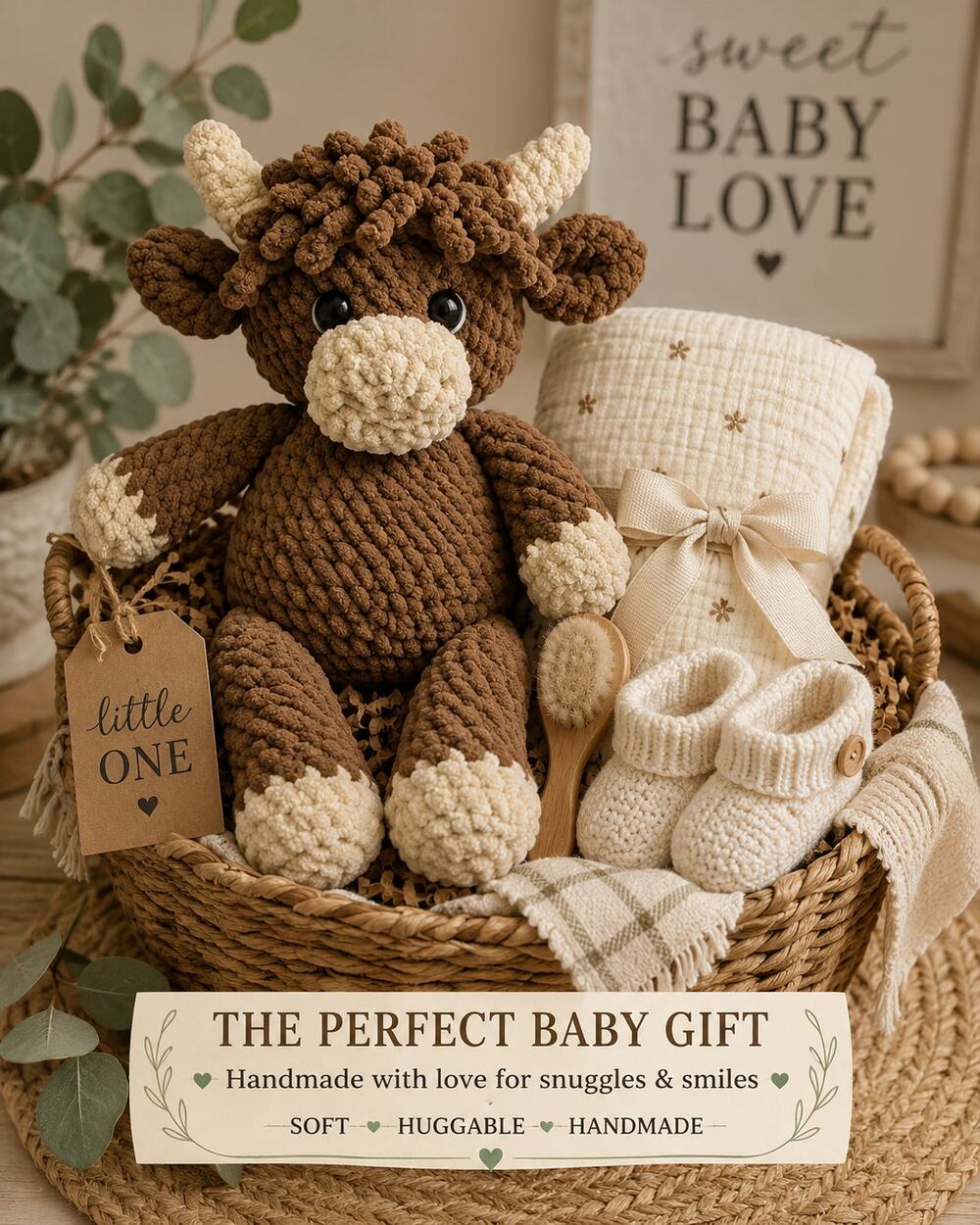 Handcrafted Highland Cow Plush 10” Crochet Nursery Decor Baby Shower Gift